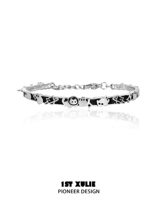 Y2K cat family silver bracelet featuring playful cat and music note charms for stylish looks