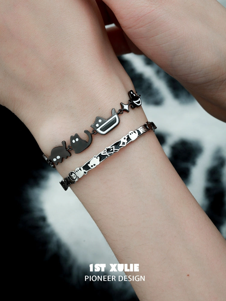 Y2K cat family silver bracelet featuring playful cat designs on a stylish band