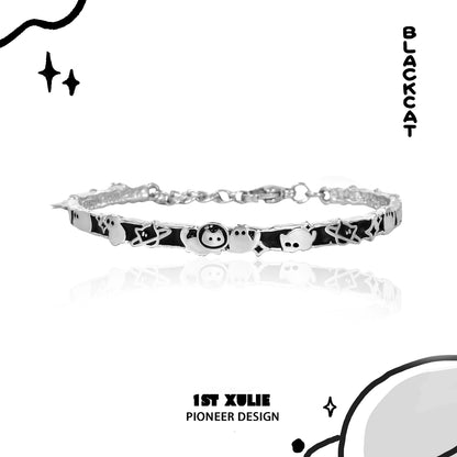 Y2K cat family silver bracelet featuring fun cat charms and a stylish design