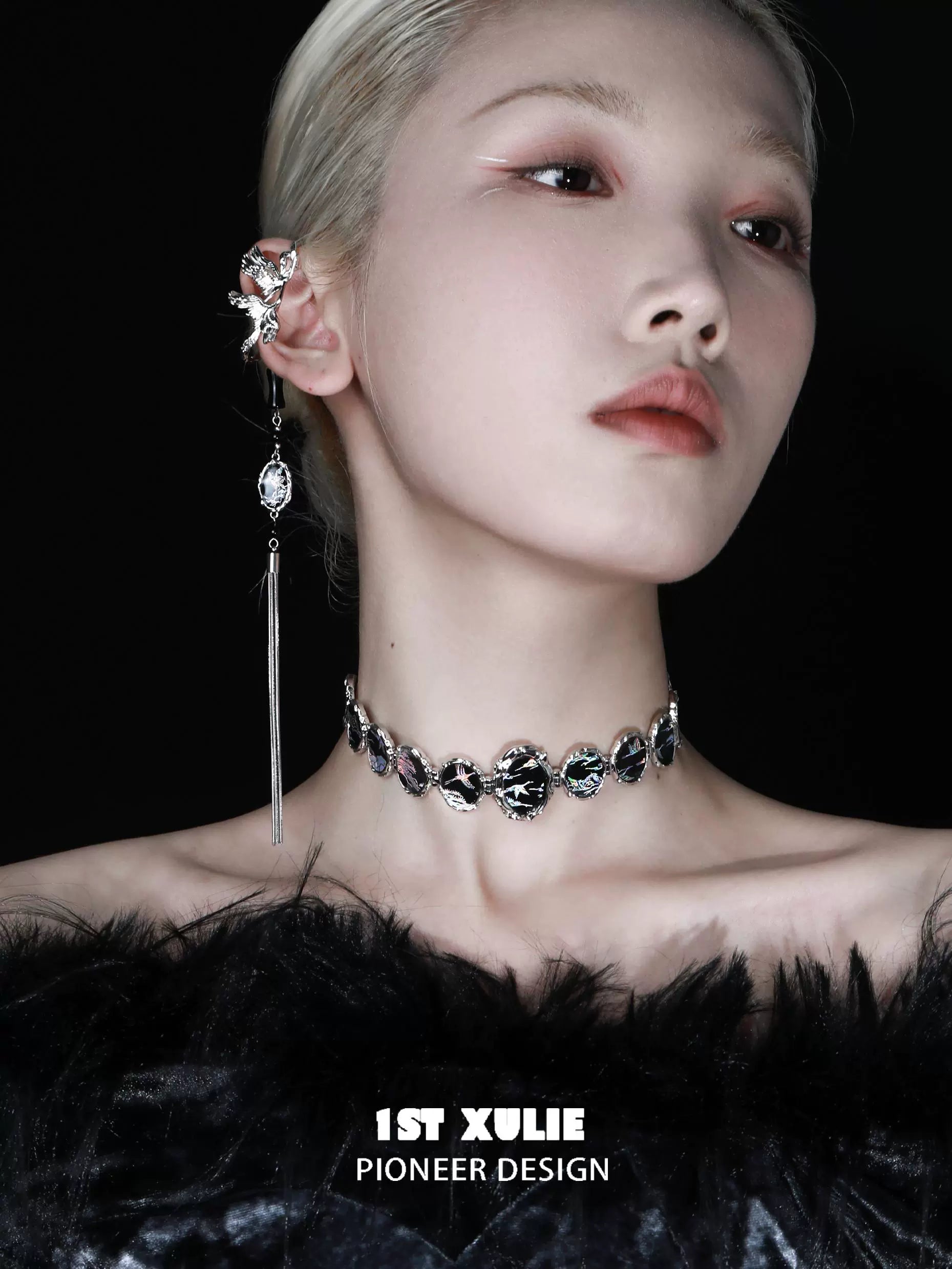 Y2K crane earrings in silver, adding a unique touch to elegant fashion looks