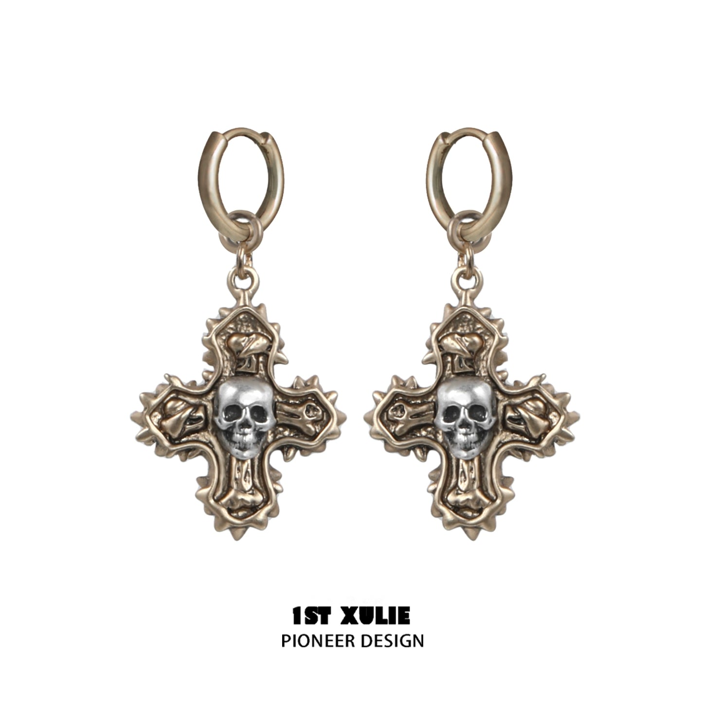 1STXULIE Y2K cross earrings featuring intricate design and skull accents for trendy fashion lovers
