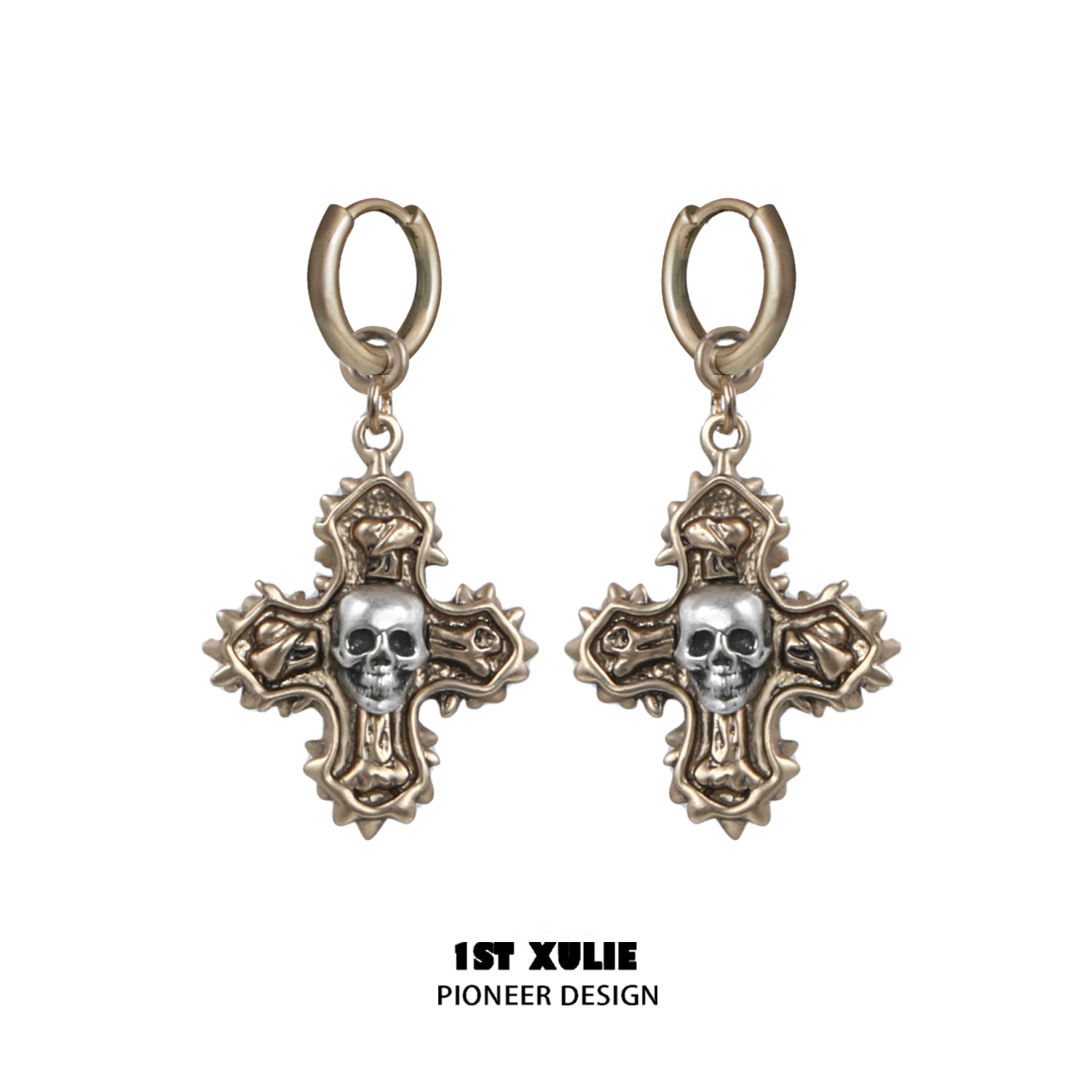 1STXULIE Y2K cross earrings featuring intricate design and skull accents for trendy fashion lovers