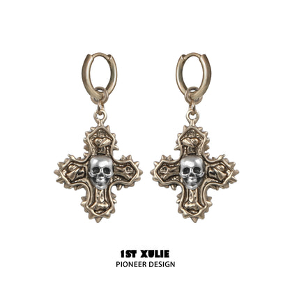 1STXULIE Y2K cross earrings featuring intricate design and skull accents for trendy fashion lovers