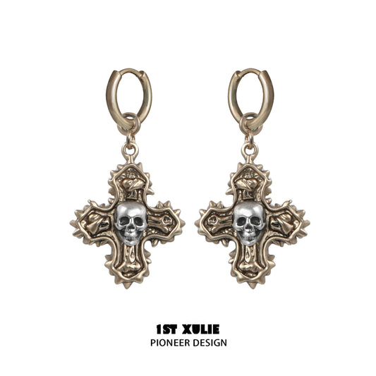1STXULIE Y2K cross earrings featuring intricate design and skull accents for trendy fashion lovers