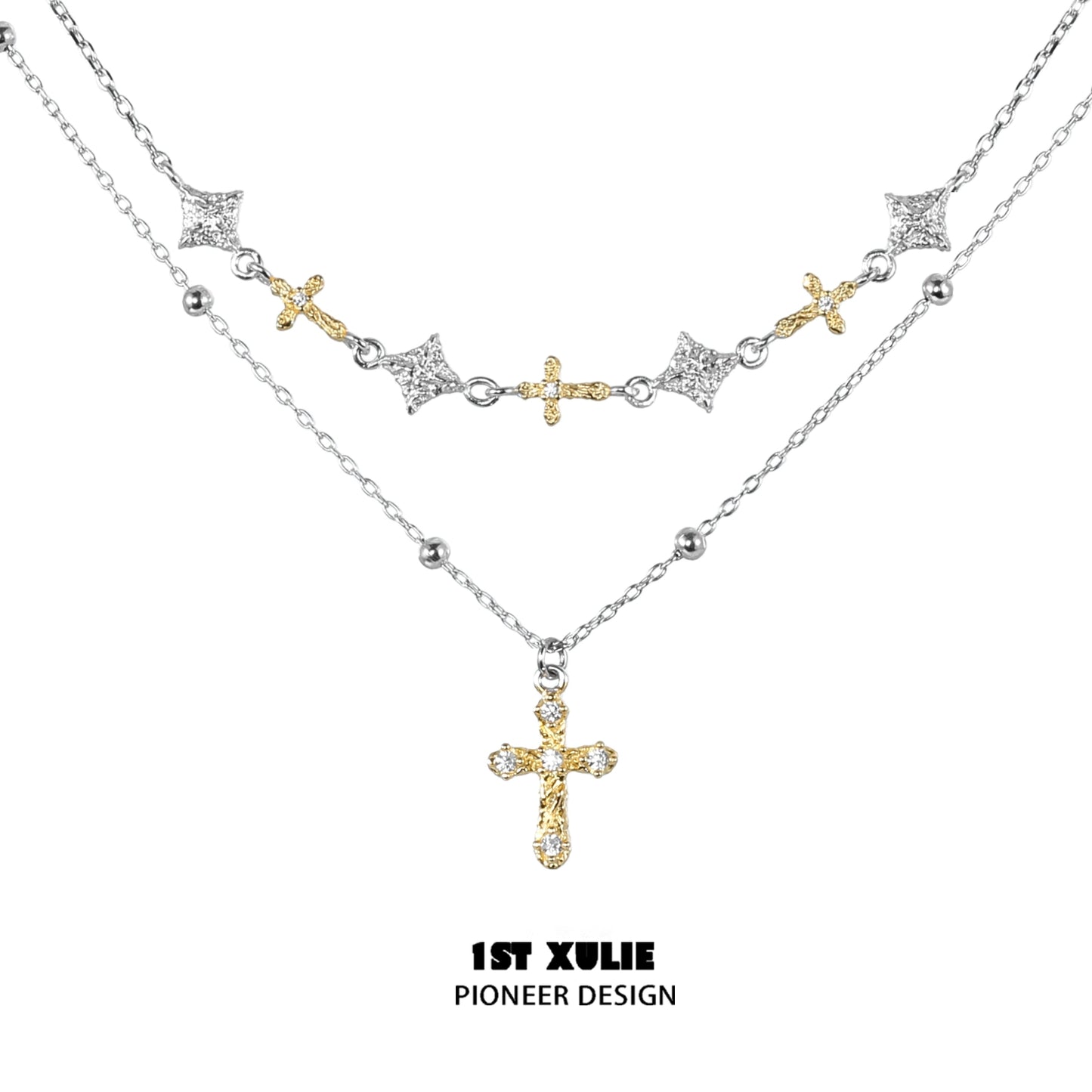 1ST XULIE Y2K cross necklace featuring layered designs with sparkling accents