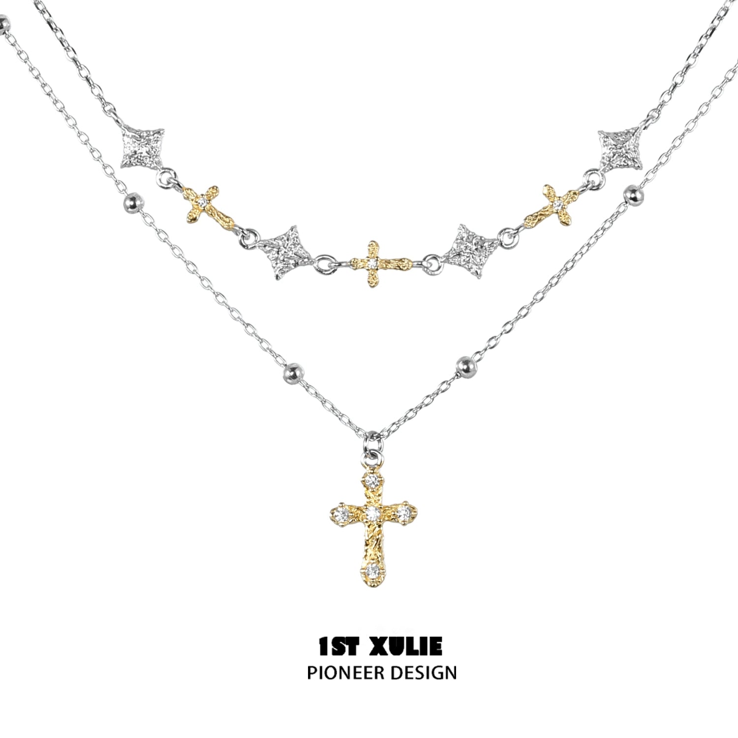 1ST XULIE Y2K cross necklace featuring layered designs with sparkling accents