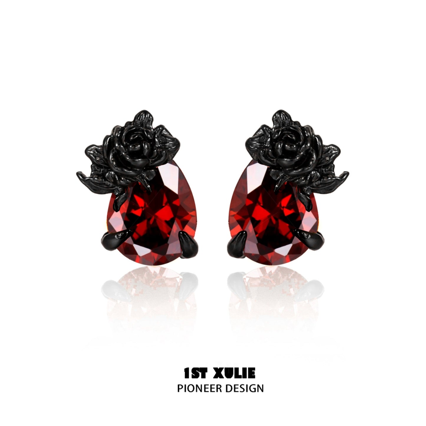 Y2K dark rose earrings featuring black rose accents and red gem drops for a trendy look