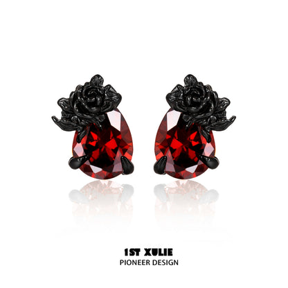 Y2K dark rose earrings featuring black rose accents and red gem drops for a trendy look