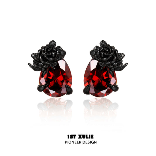 Y2K dark rose earrings featuring black rose accents and red gem drops for a trendy look