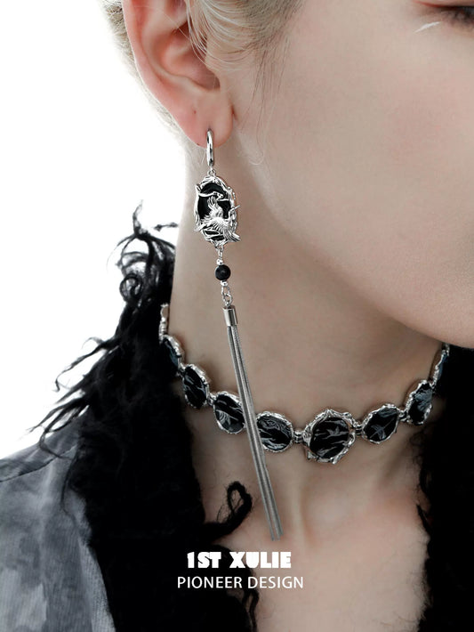 Y2K dark tassel earrings featuring intricate design and silver accents for a trendy look