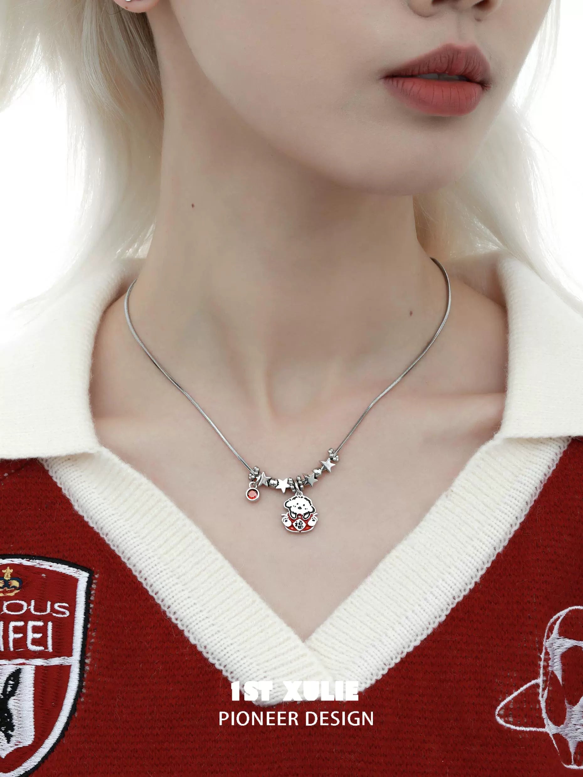 Y2K dog pendant necklace featuring a playful design with silver and colorful accents
