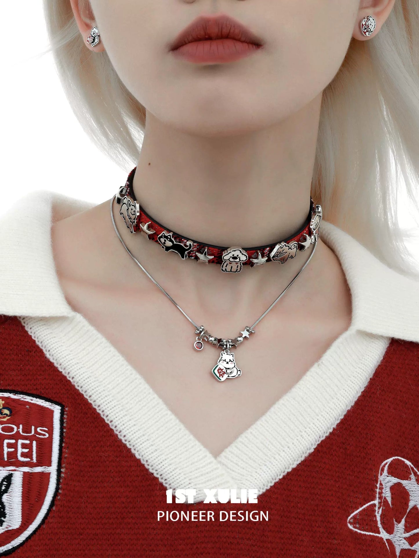 Layered Y2K dog pendant necklace paired with a stylish choker for trendy fashion enthusiasts