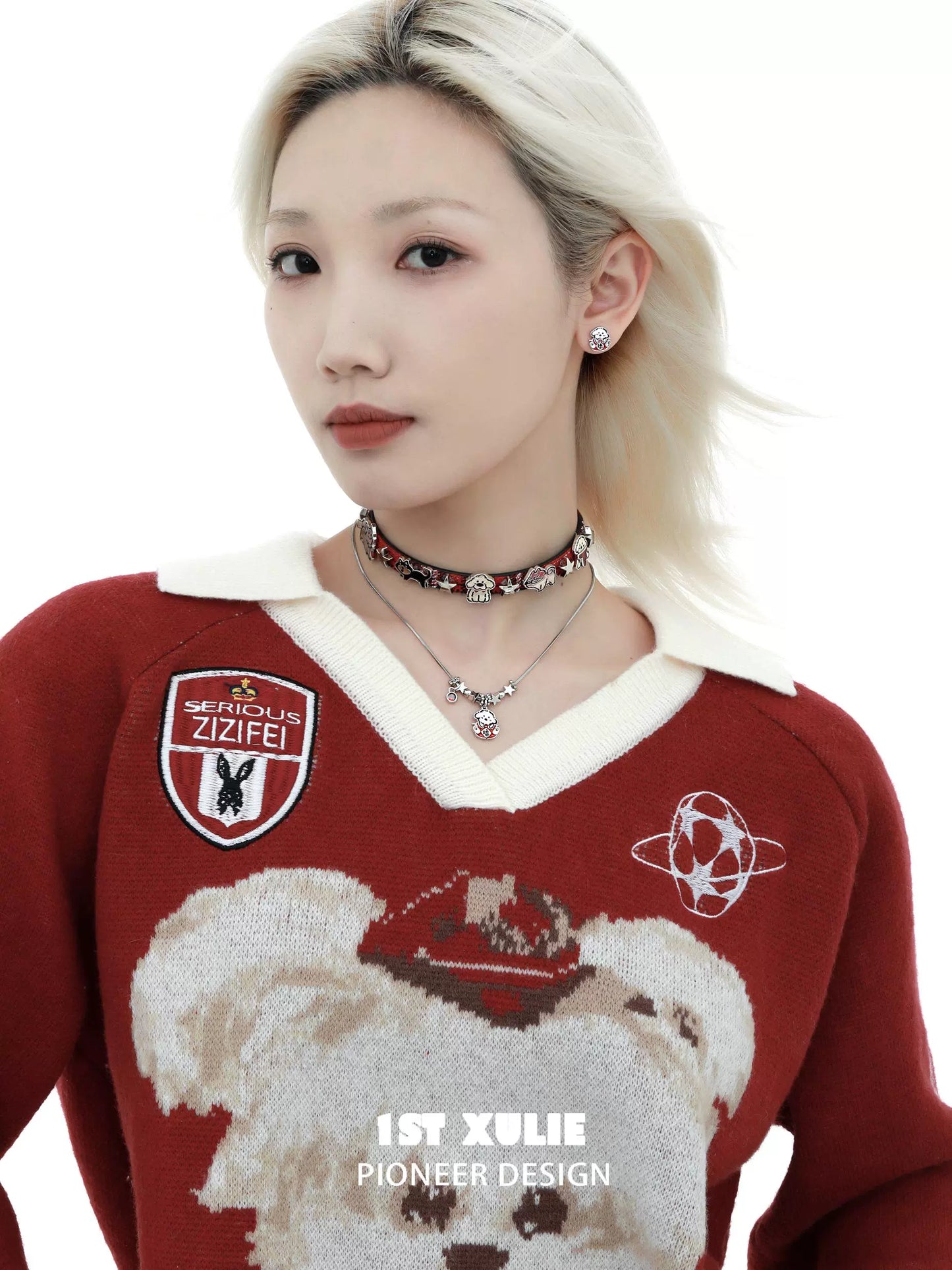 Model wearing a Y2K dog pendant necklace layered with other accessories for a trendy look
