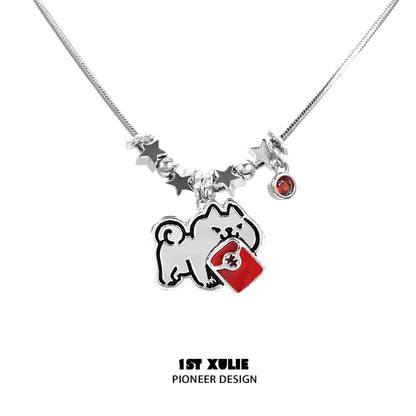 Y2K dog pendant necklace featuring a playful dog charm with a red cup and decorative stars