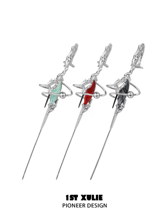 Y2K dream core ear piercing needle set in three colors: green, red, and black with sleek design.