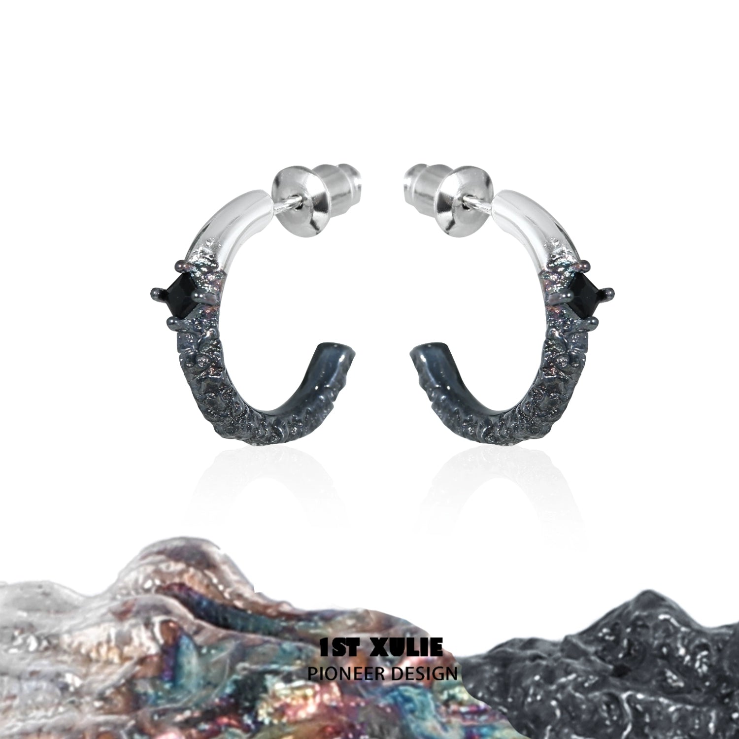 Y2K fire earrings in silver and black finish with a unique textured design for trendy looks