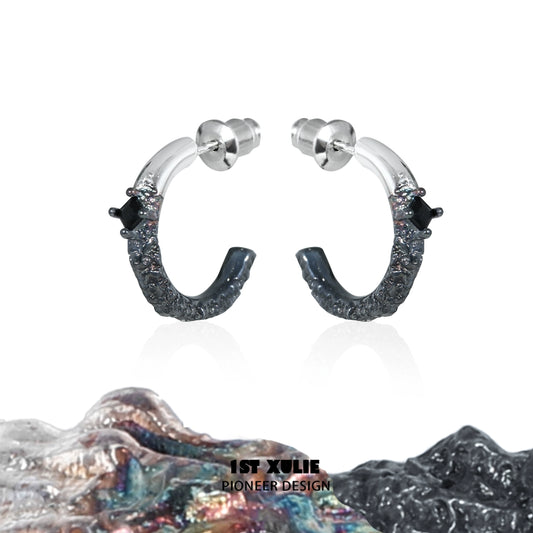 Y2K fire earrings in silver and black finish with a unique textured design for trendy looks