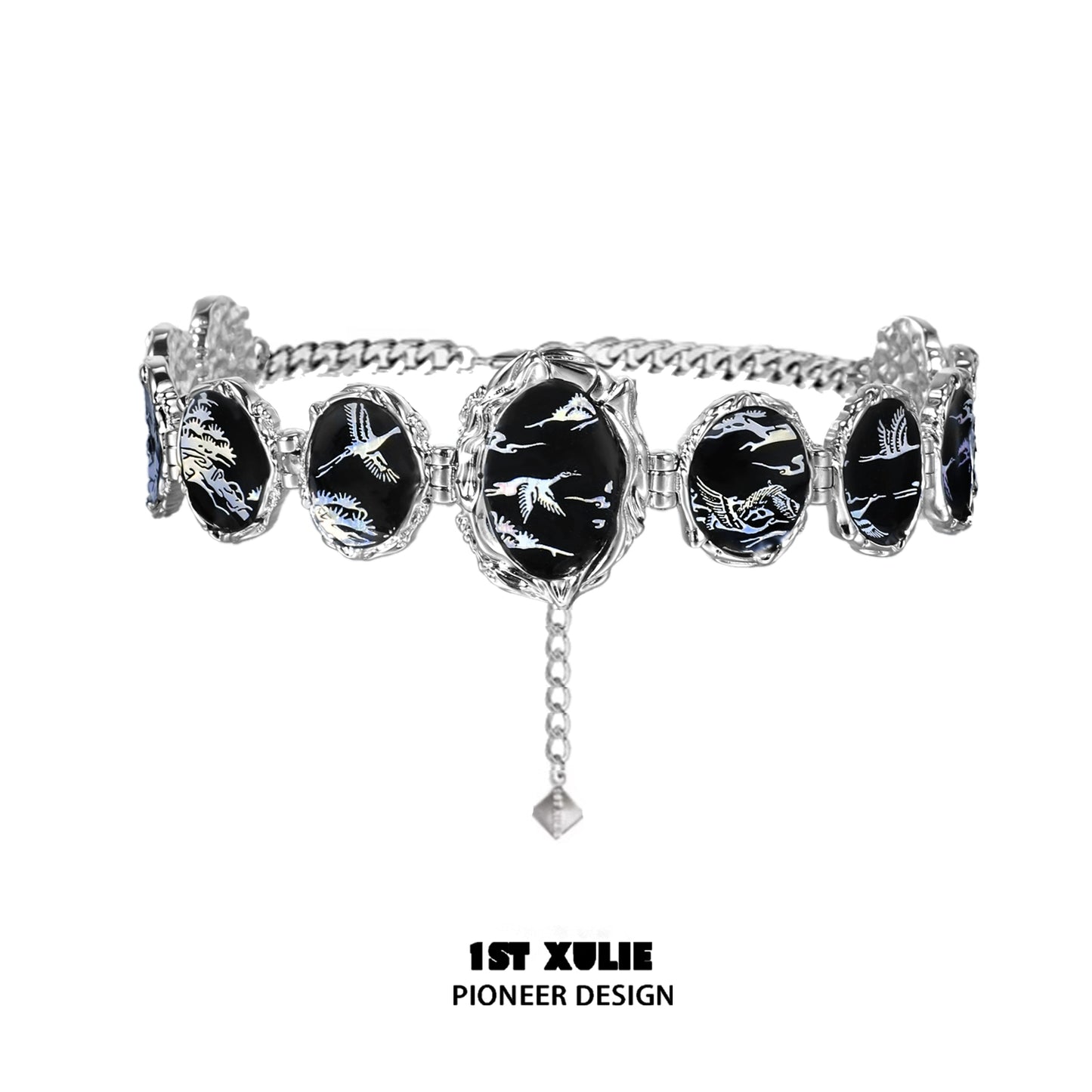 Y2K floating choker necklace with silver accents and black decorative stones for trendy style