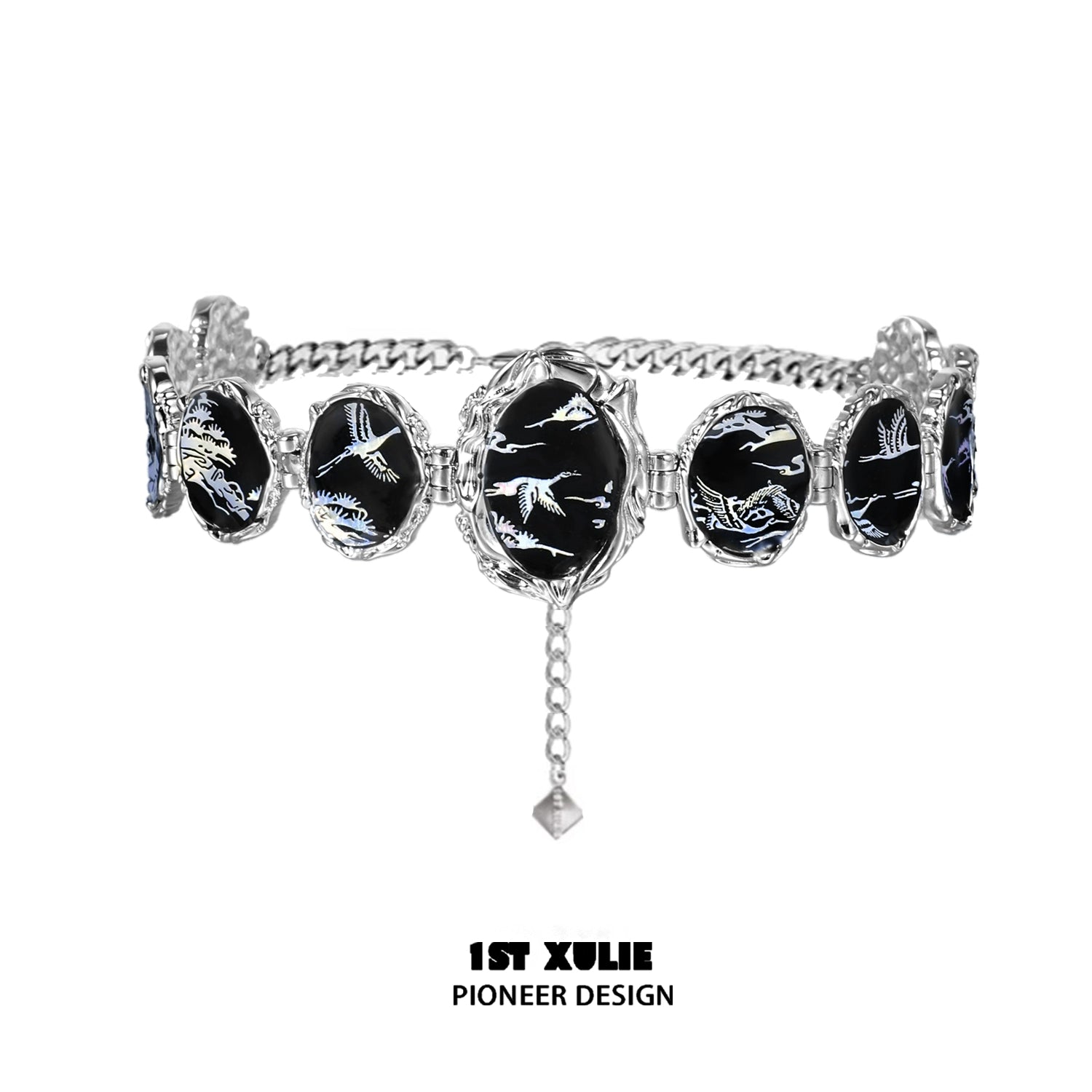 Y2K floating choker necklace with silver accents and black decorative stones for trendy style