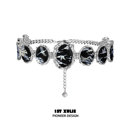 Y2K floating choker necklace with silver accents and black decorative stones for trendy style