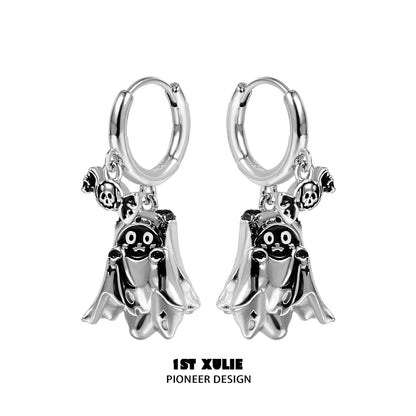 Y2K ghost black cat earrings featuring a playful ghost and skull design in silver