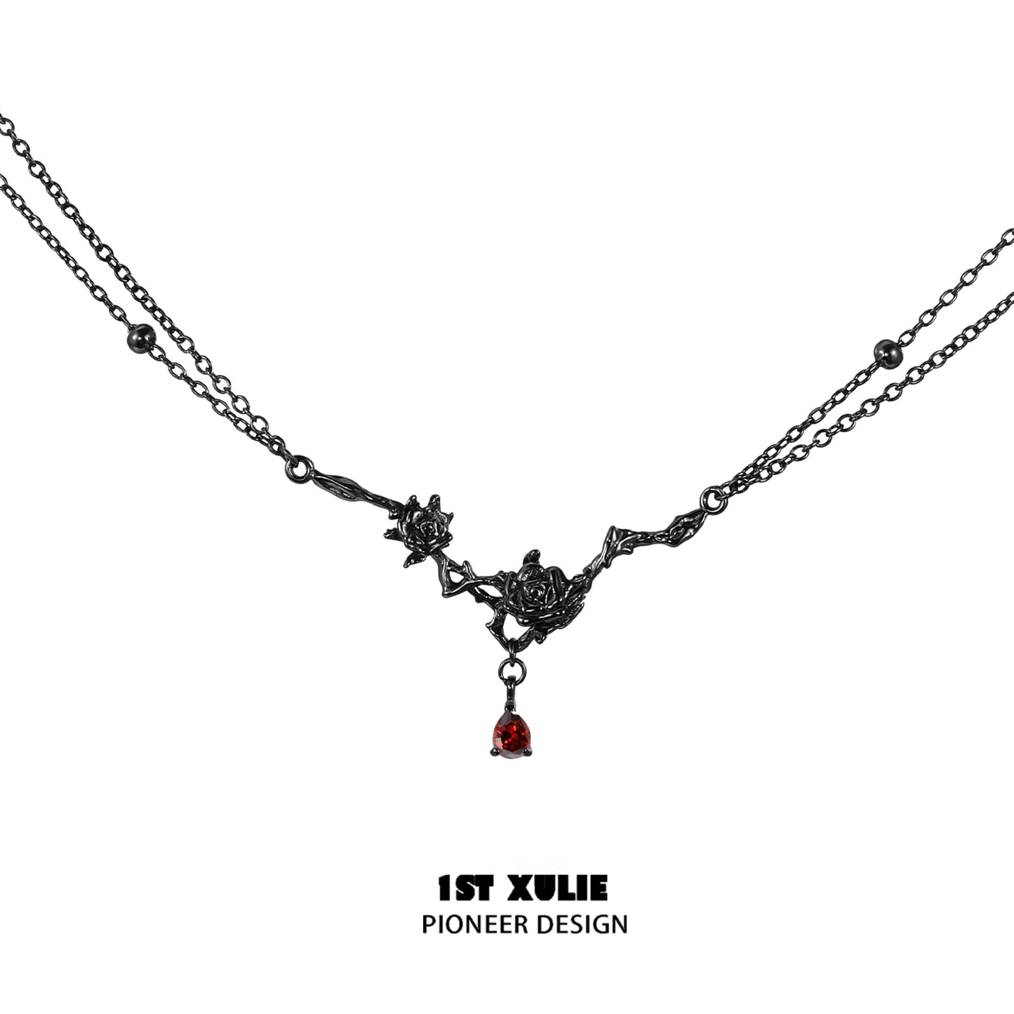 Y2K goth rose necklace with intricate floral design and red gemstone detail