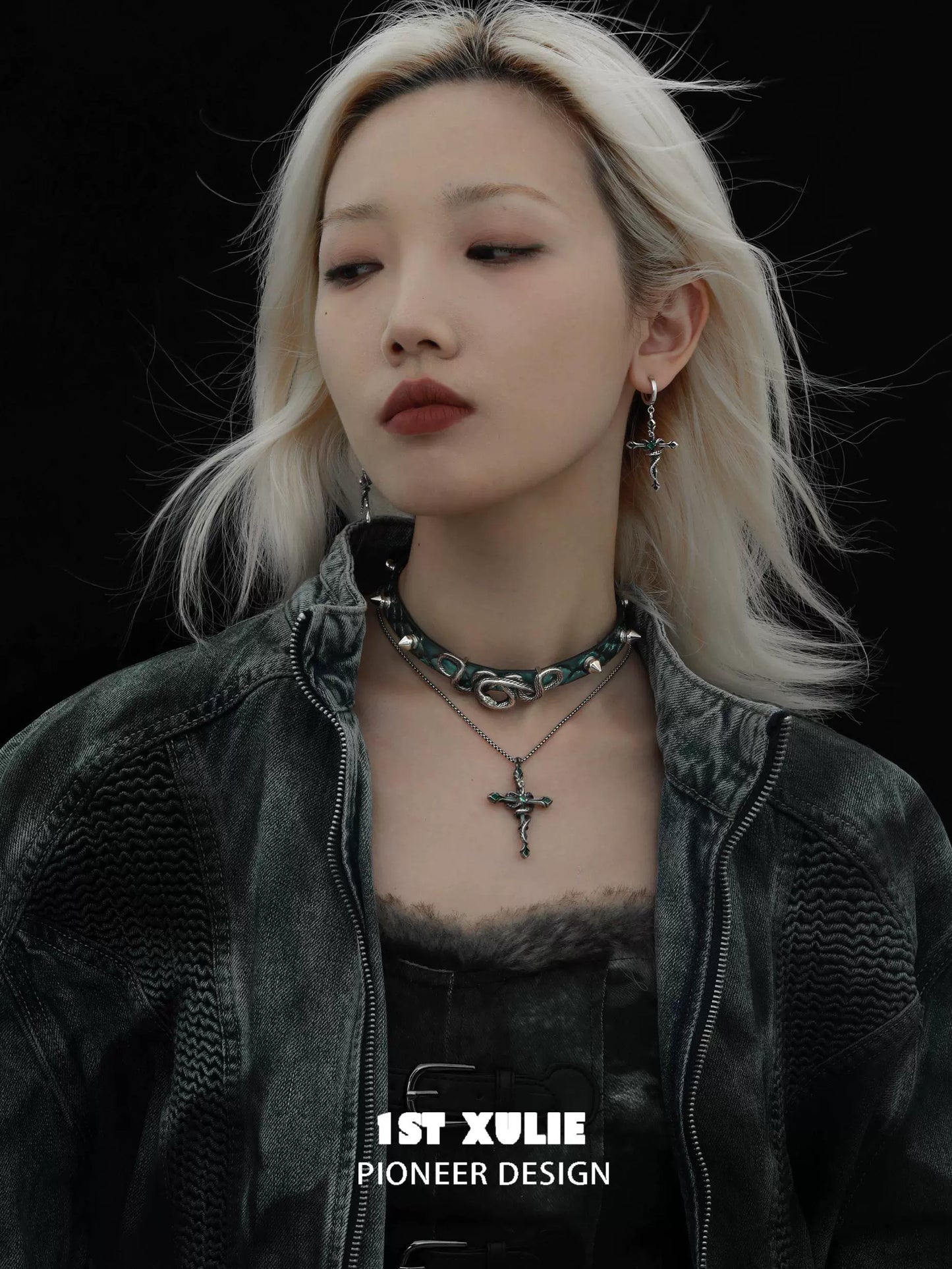 Model wearing Y2K gothic cross earrings paired with dark aesthetic outfit and choker