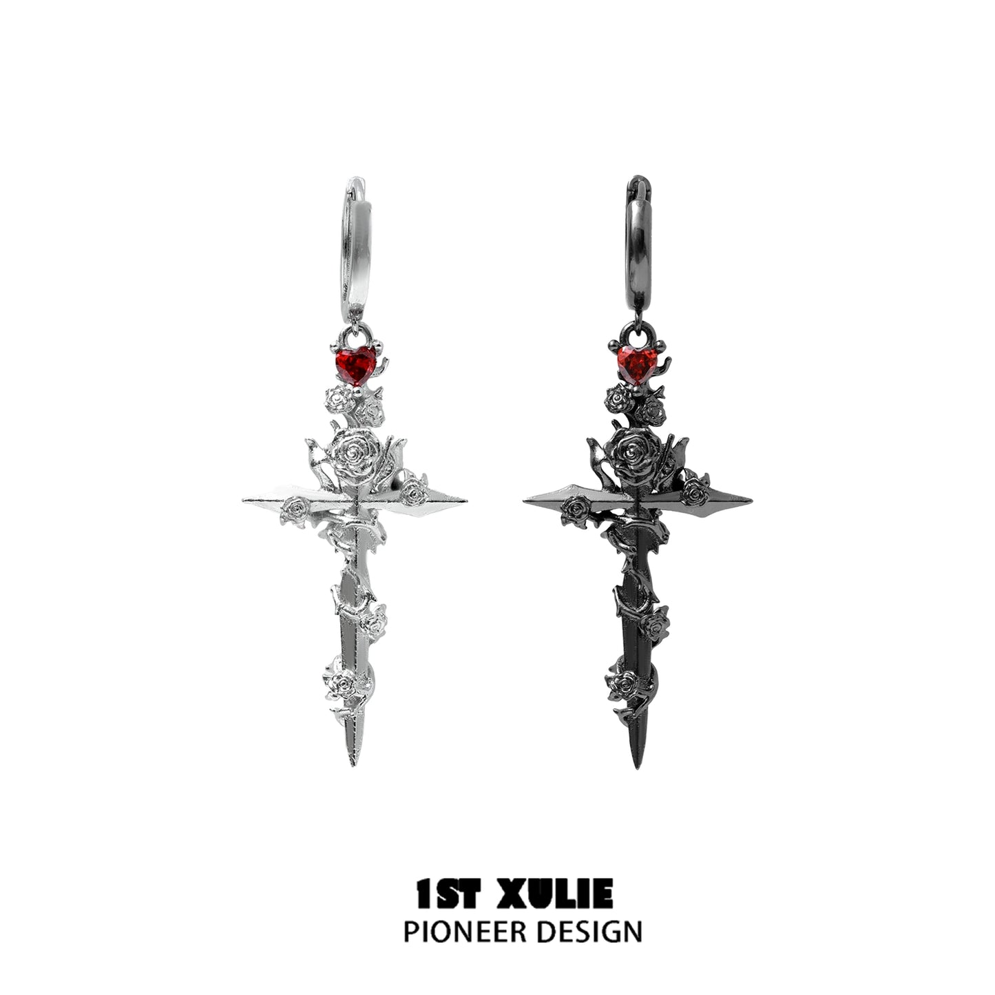 Y2K gothic cross earrings in silver and black with rose details and red heart gemstones