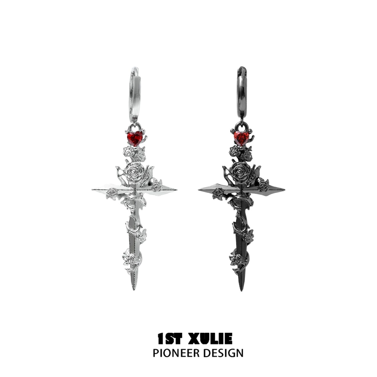 Y2K gothic cross earrings in silver and black with rose details and red heart gemstones