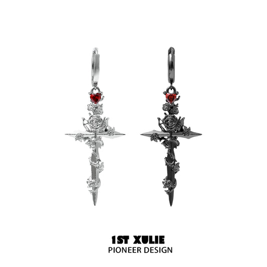Y2K gothic cross earrings in silver and black with rose details and red heart gemstones