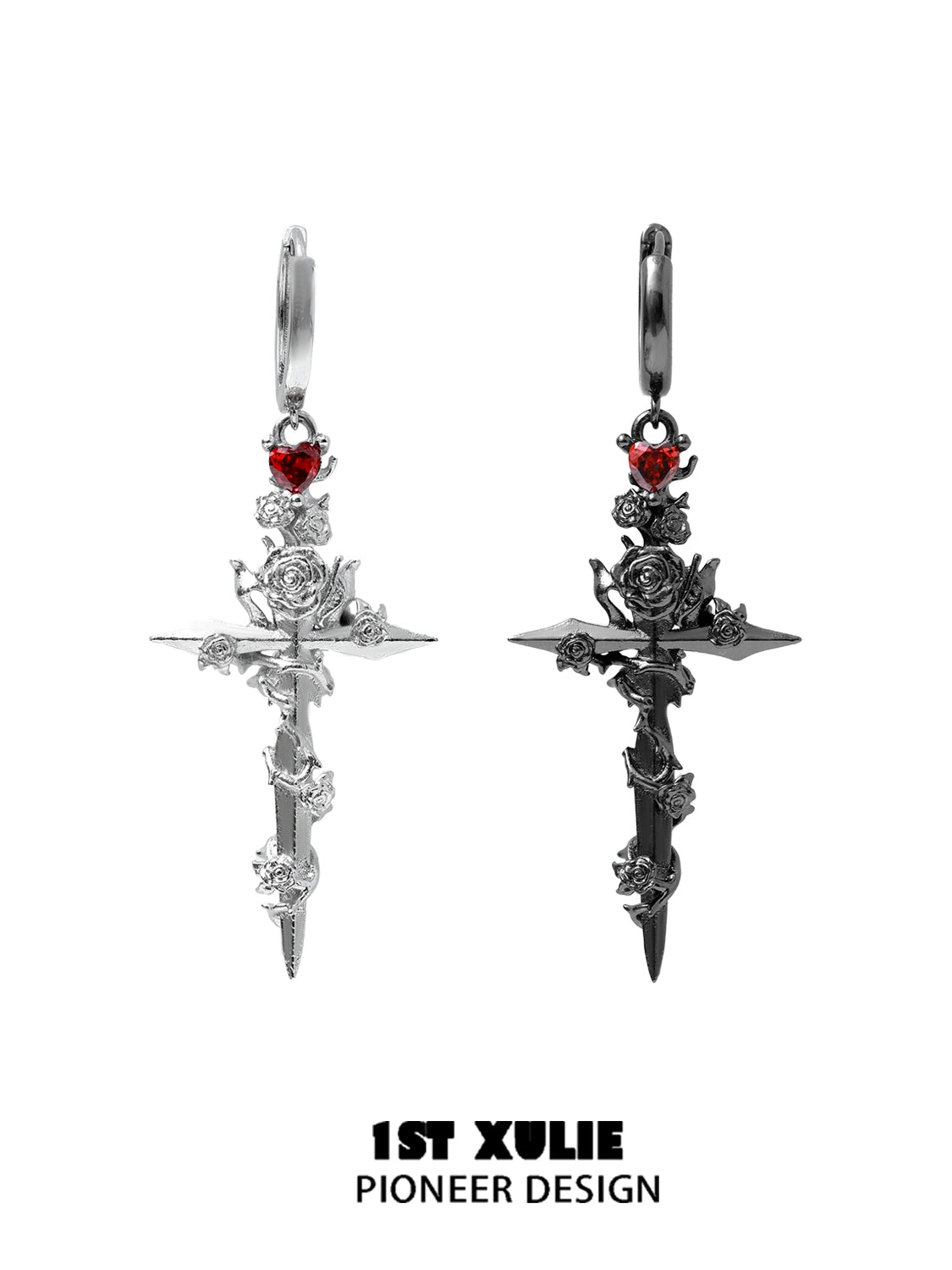 Y2K gothic cross earrings with red rose accents and intricate sword detailing in silver and black finishes