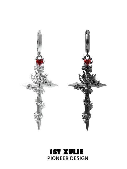 Y2K gothic cross earrings with red rose accents and intricate sword detailing in silver and black finishes