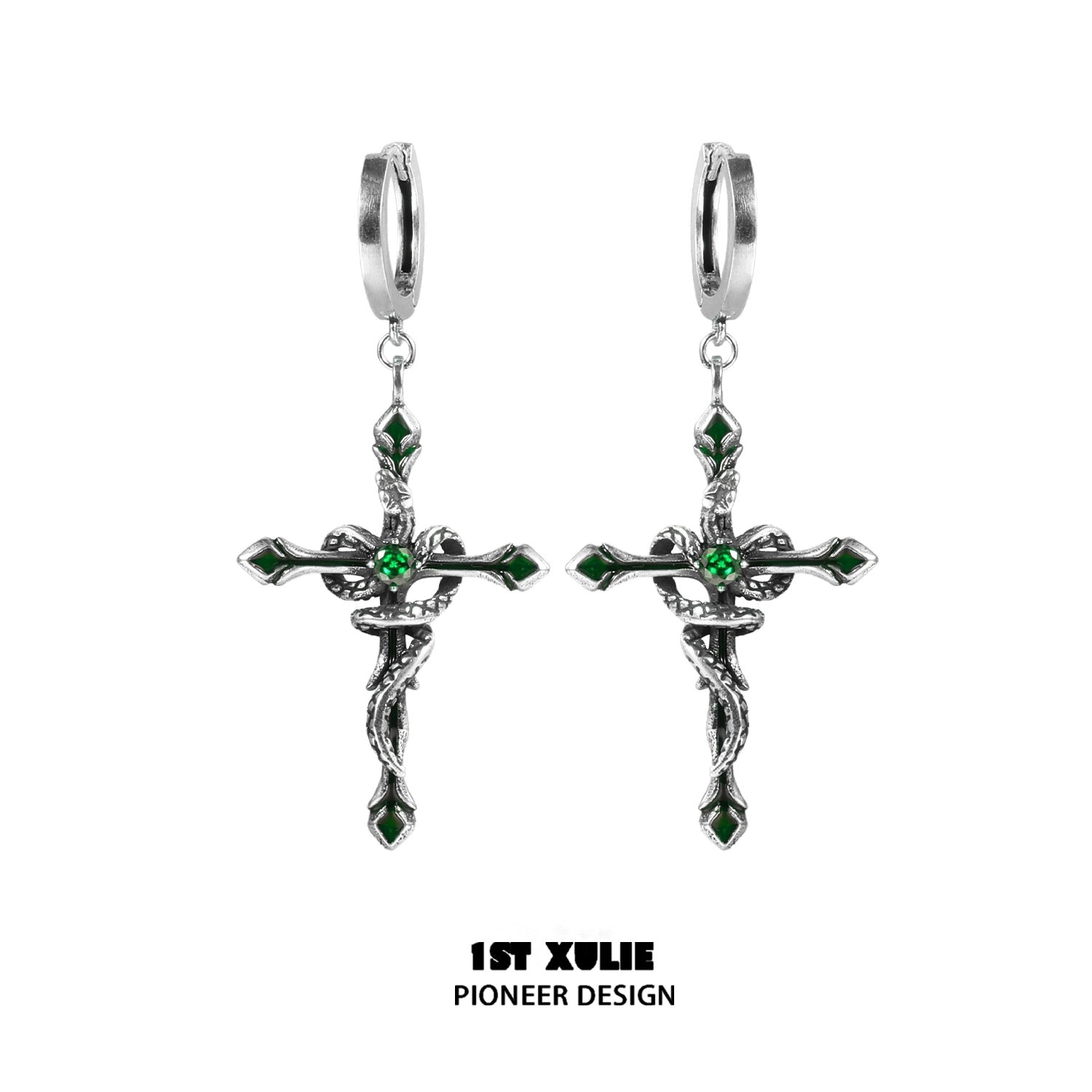 1ST XULIE Y2K gothic cross earrings with intricate design and green accents for stylish accessorizing