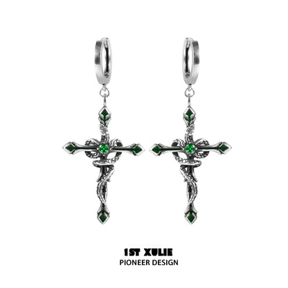 1ST XULIE Y2K gothic cross earrings with intricate design and green accents for stylish accessorizing