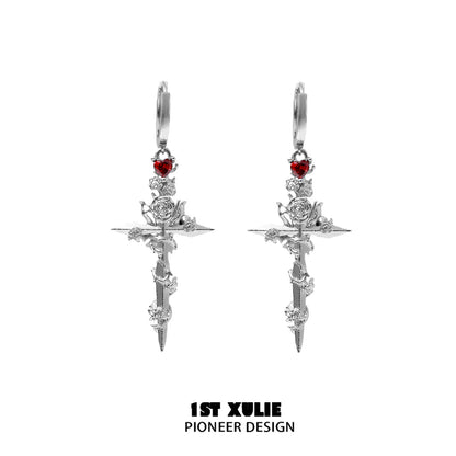 Stylish Y2K gothic cross earrings featuring red rose accents and heart details