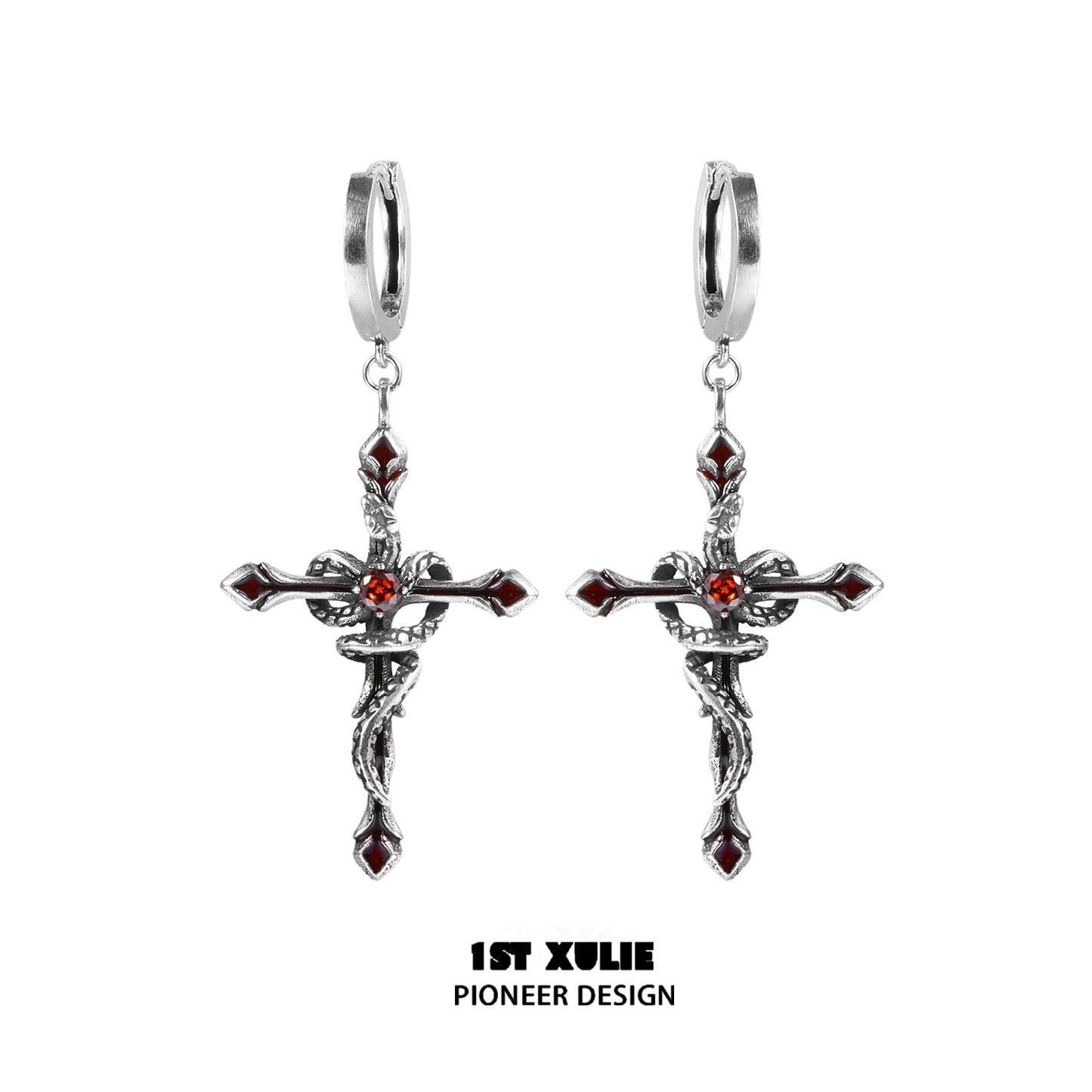 1ST XULIE Y2K gothic cross earrings in silver with red accents and a bold design