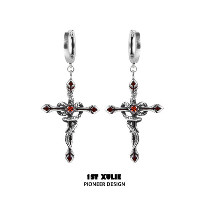 1ST XULIE Y2K gothic cross earrings in silver with red accents and a bold design