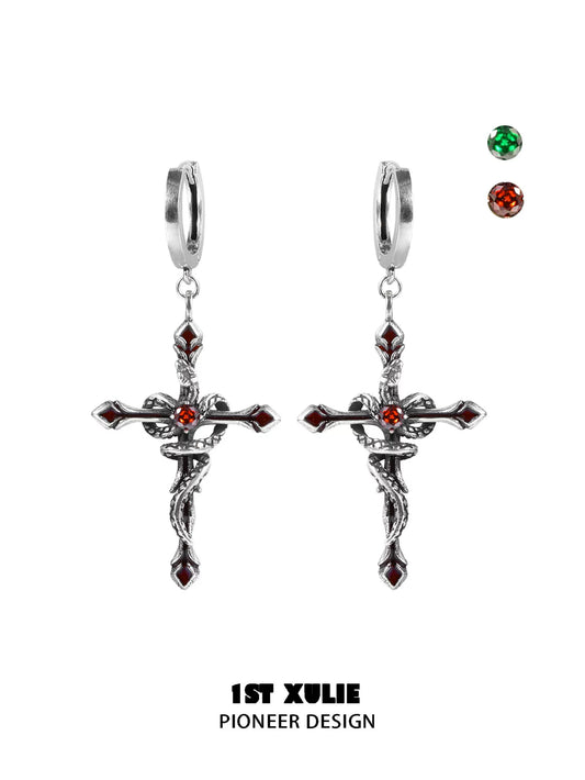 Y2K gothic cross earrings in silver with red gemstone accents for a bold statement look