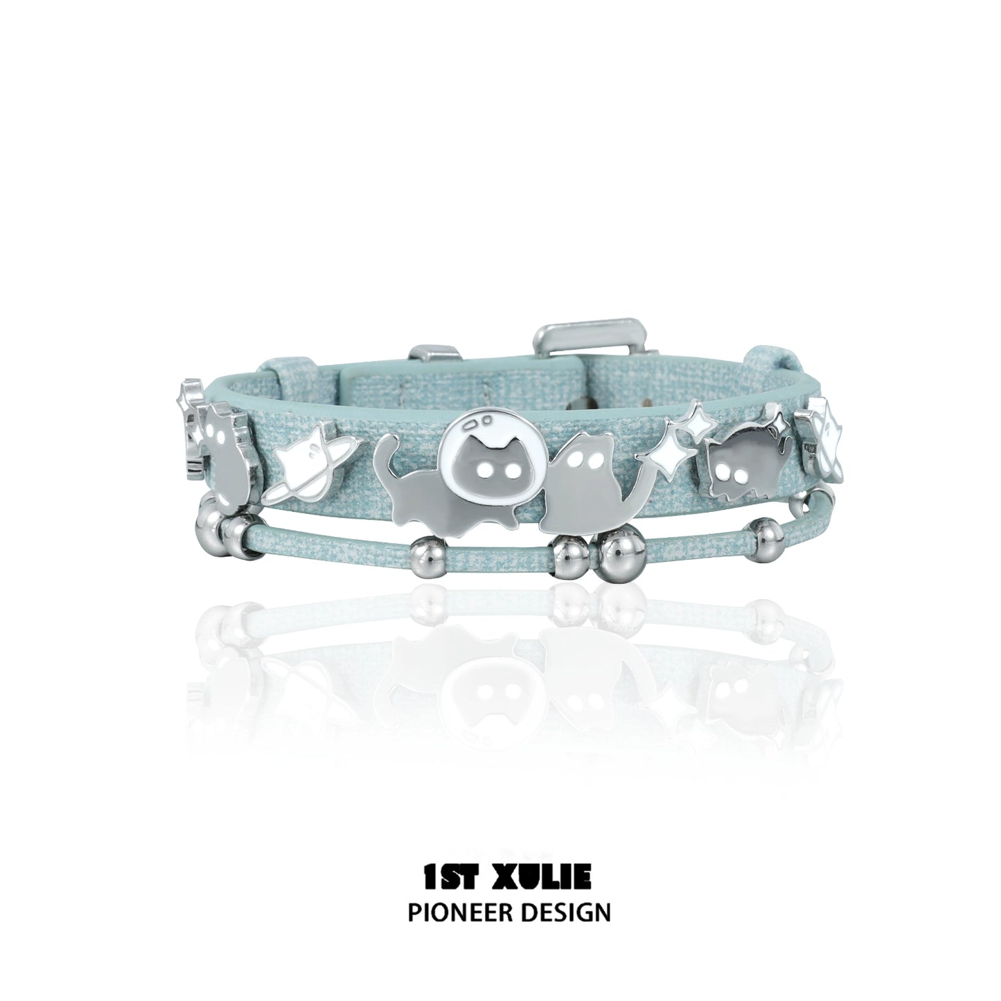 Y2K kitty leather bracelet in pastel blue with silver charms and beads for a trendy accessory