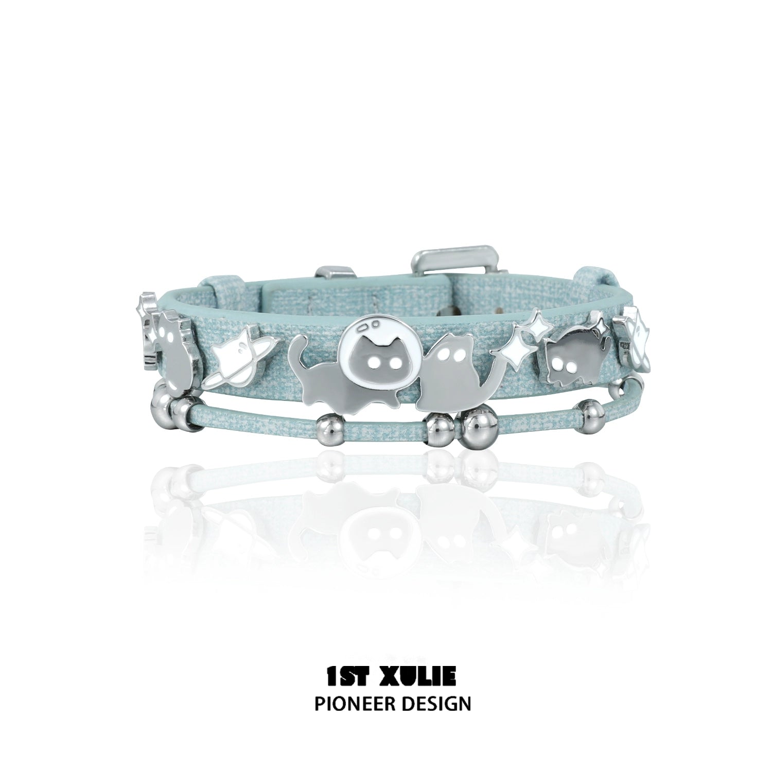 Y2K kitty leather bracelet in pastel blue with silver charms and beads for a trendy accessory