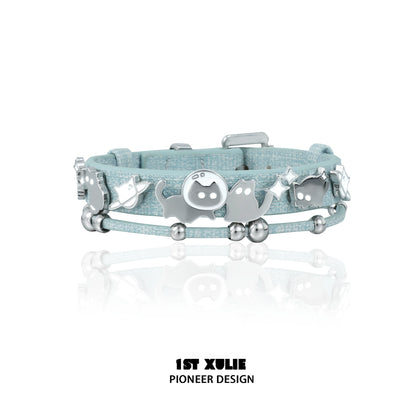 Y2K kitty leather bracelet in pastel blue with silver charms and beads for a trendy accessory
