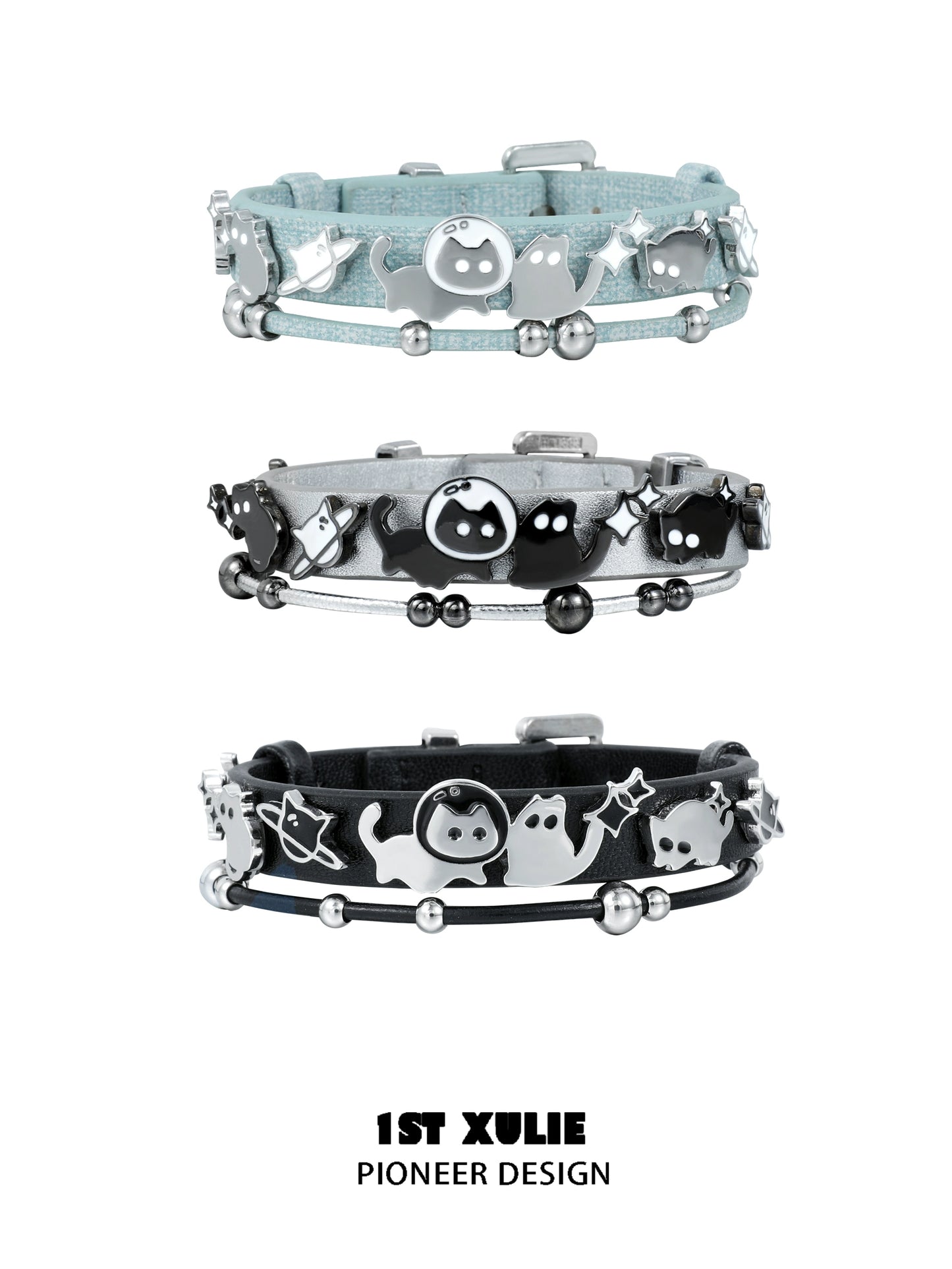 Y2K kitty leather bracelet set featuring three stylish designs with playful cat motifs
