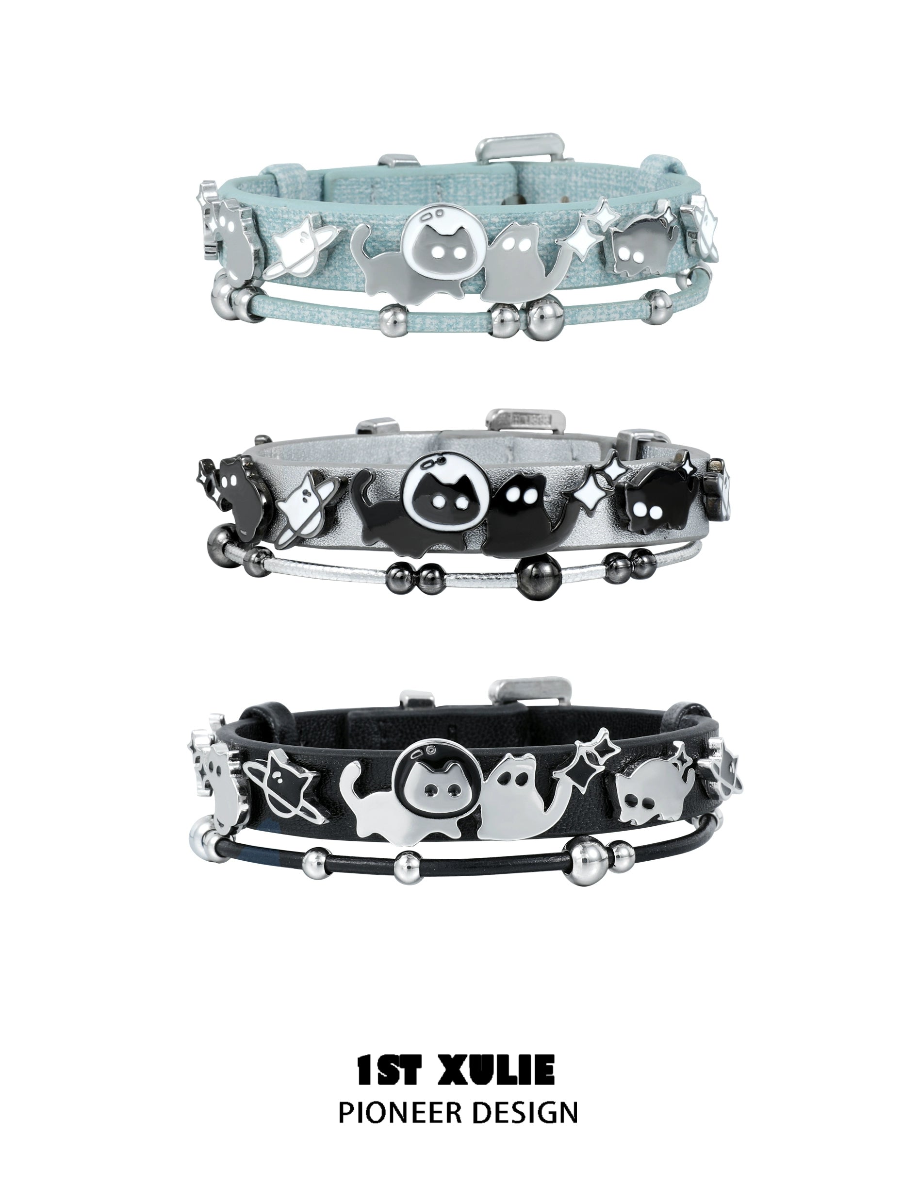 Y2K kitty leather bracelet set featuring three stylish designs with playful cat motifs