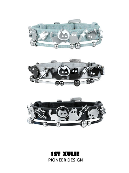 Y2K kitty leather bracelet set featuring three stylish designs with playful cat motifs