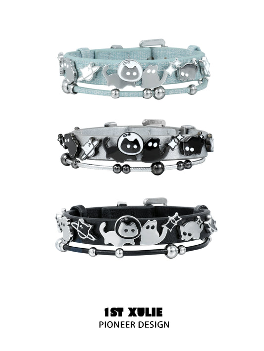 Y2K kitty leather bracelet set featuring three stylish designs with playful cat motifs