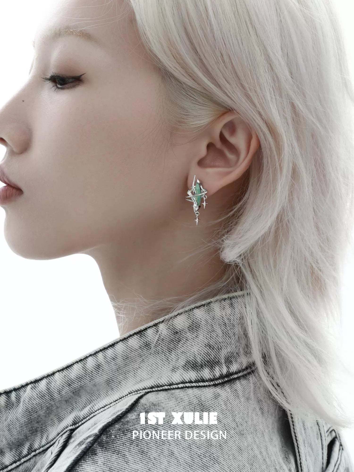 Side view of a model wearing Y2K mystic earrings that feature a unique design for a trendy look