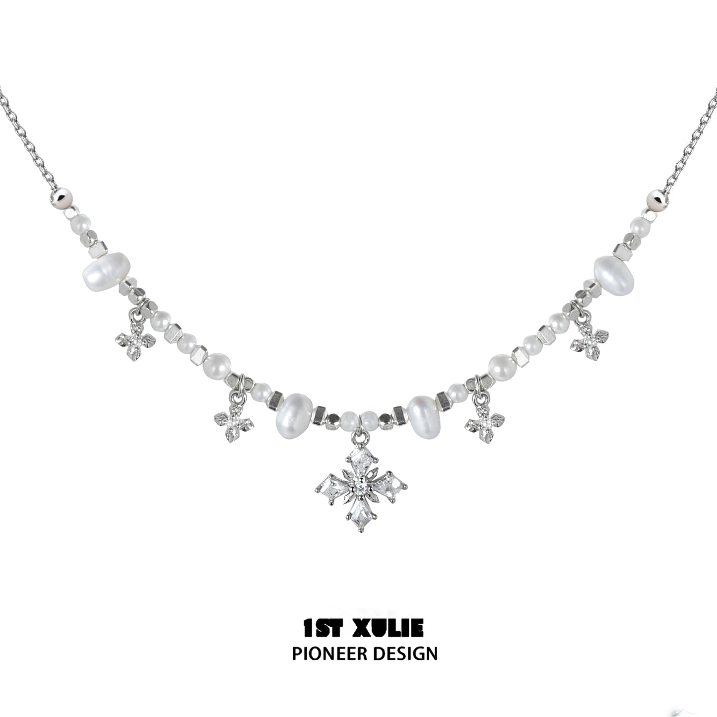Y2K pearl necklace with crystal snowflake charms and silver chain from 1STXULIE
