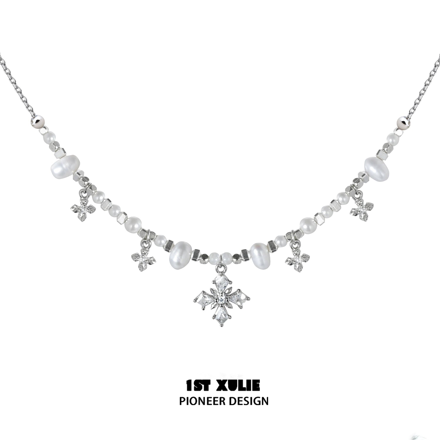 Y2K pearl necklace with crystal snowflake charms and silver chain from 1STXULIE