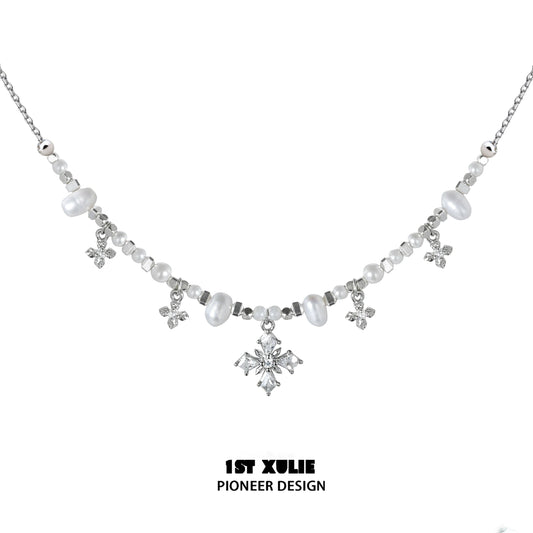 Y2K pearl necklace with crystal snowflake charms and silver chain from 1STXULIE