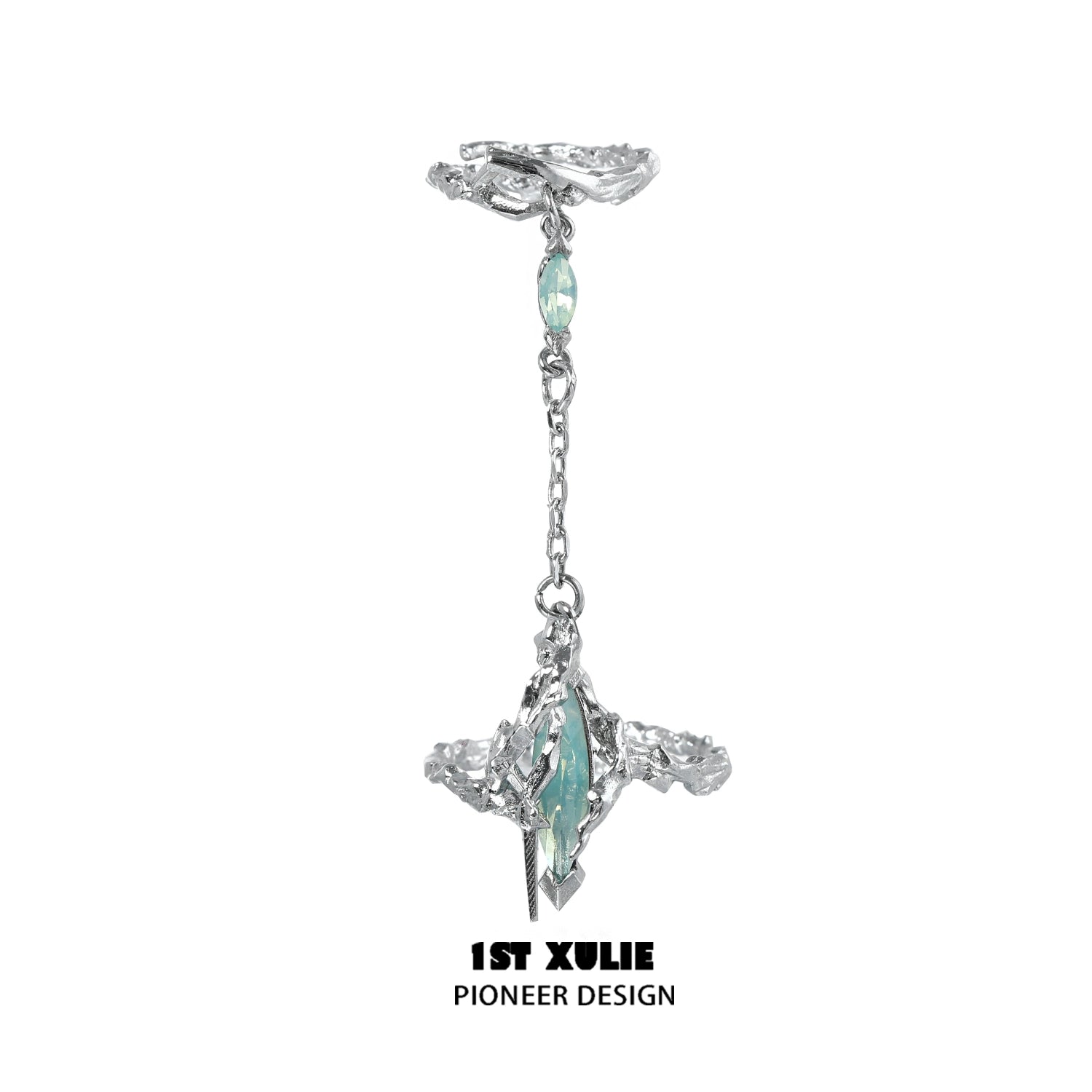Y2K punk silver ring with intricate design and a unique gemstone centerpiece